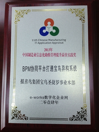 宝鸟BPM系统荣获工信部信息化大奖